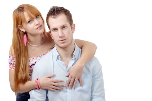 a cheerful young couple in love, on white