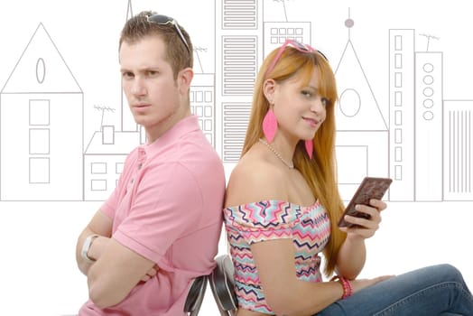 a young couple with problems, woman phone