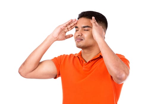 young casual man wearing orange tshirt on white isolated background