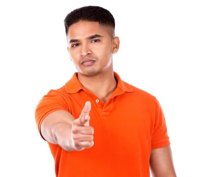 young casual man wearing orange tshirt on white isolated background