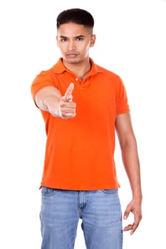 young casual man wearing orange tshirt on white isolated background