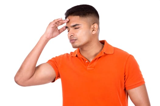 young casual man wearing orange tshirt on white isolated background