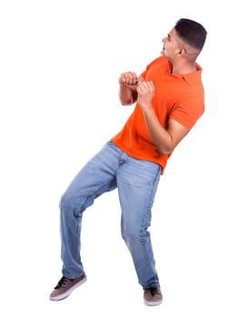 young casual man wearing orange tshirt on white isolated background