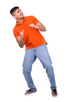 young casual man wearing orange tshirt on white isolated background