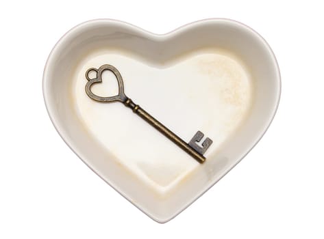 vintage key and heart shape plate isolated on white background