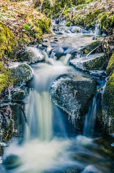 The flow of water in the spring of icicles and ice