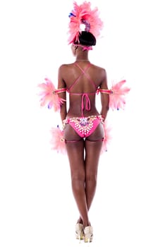 Back view of samba dancer in carnival costume