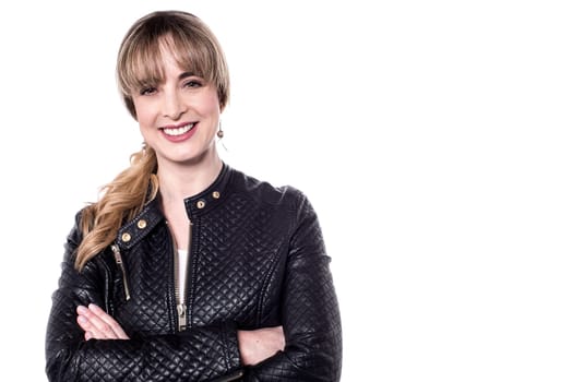 Happy woman posing to camera with cute smile