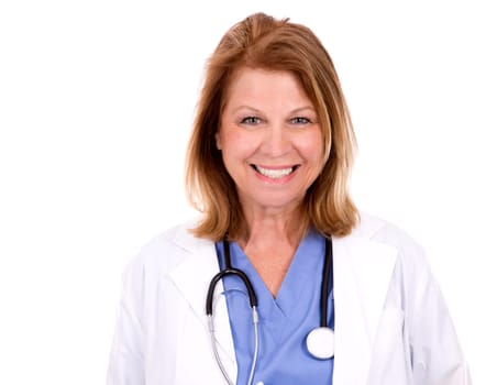 female caucasian doctor posing on white isolated background