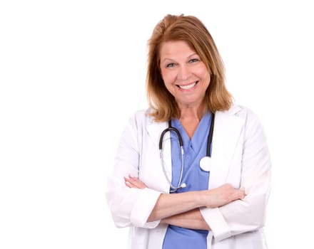 female caucasian doctor posing on white isolated background