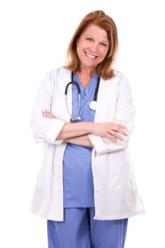 female caucasian doctor posing on white isolated background