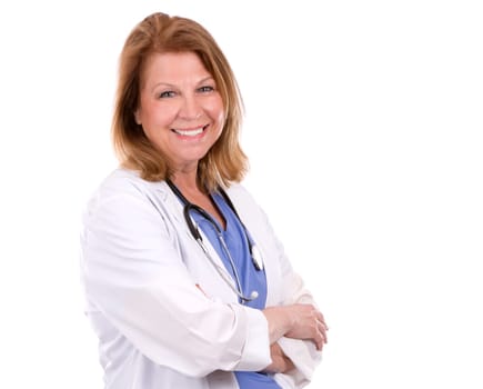 female caucasian doctor posing on white isolated background