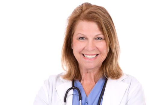 female caucasian doctor posing on white isolated background