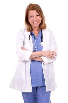 female caucasian doctor posing on white isolated background