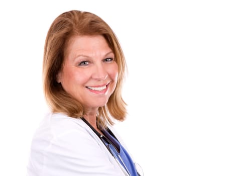 female caucasian doctor posing on white isolated background