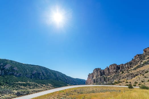 Highway winding through Ten Sleep Canyon in the Bighorn Mountains in Wyoming