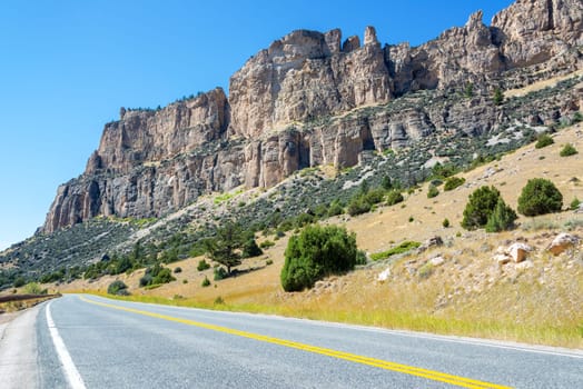 View of Highway 16 passing through Ten Sleep Canyon in Wyoming