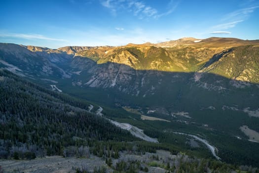 Aerial view of sunrise in the Beartooth Mountains near Red Lodge, Montana