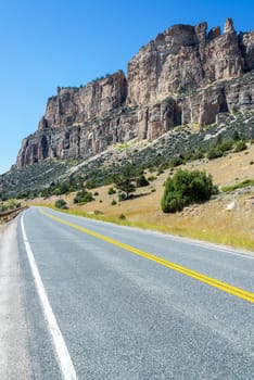 Vertical view of Highway 16 passing through Ten Sleep Canyon in Wyoming