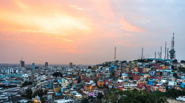 Panoramic photo of Guayaquil city at sunset, Ecuador, South America