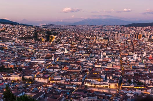 Panoramic photo of Quito capital city at sunset, Ecuador, South America