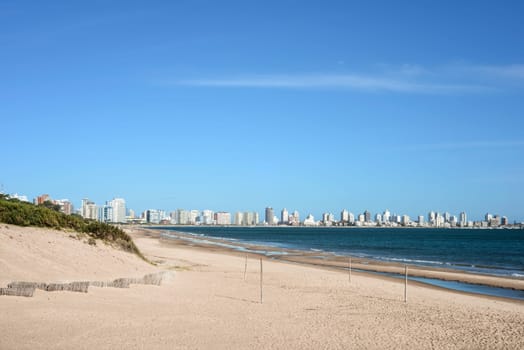 Punta del Este beach with apartment buildings and yacht club in Uruguay, Atlantic Coast