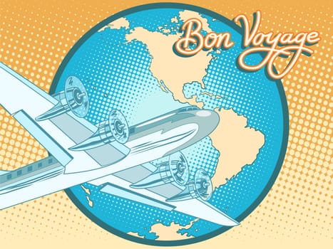 Bon voyage abstract retro plane poster pop art retro style. Air transport. Travel and tourism. Have a safe flight.