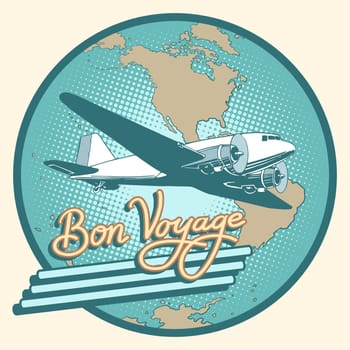 Bon voyage abstract retro plane poster pop art retro style. Air transport. Travel and tourism. Have a safe flight. Map of North and South America, Antarctica