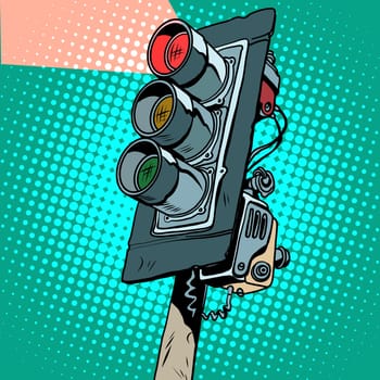 red traffic light pop art retro style. The flow of traffic. The signs and signals. Light and color. The rules of the road.