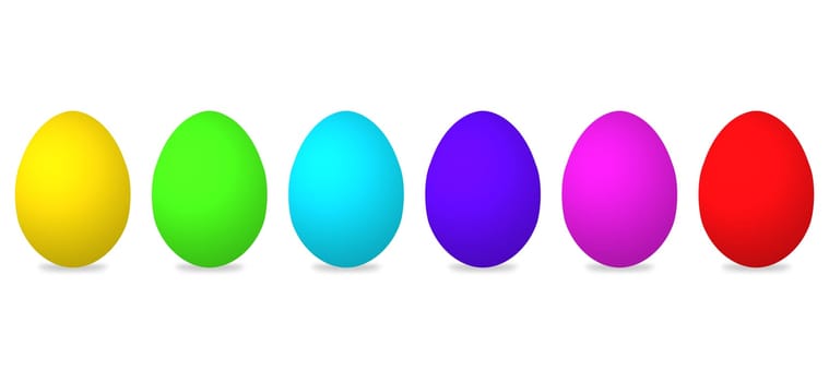 Six colorful Easter eggs in yellow green light blue purple pink and red