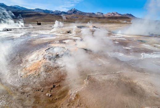 Valley Geysers at El Tatio, northern Chile at Sunrise, Atacama Region, close to the Bolivian border