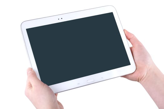 Tablet in the women hands isolated on a white background