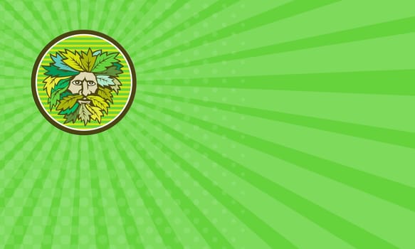 Business card showing illustration of a Green Man foliate head with face with flowing hair and leaves growing at tips viewed from front done in retro style.