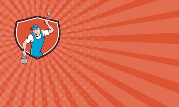 Business card showing illustration of a house painter wearing hat holding paintbrush and can bucket of paint looking to the side smiling set inside shield crest on isolated background done in cartoon style.
