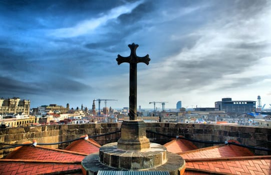 Panoramic view over Barcelona from the Cathedral roof, Catalonia, Spain