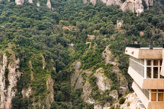 Montserrat Monastery balcony, a beautiful Benedictine Abbey high up in the mountains near Barcelona, Spain