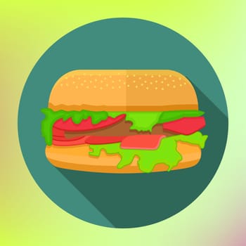 hamburger icon with long shadow. flat style vector illustration. hamburger flat design vector icon. burger flat vector. Flat hamburger symbol with long shadow. fastfood illustration.