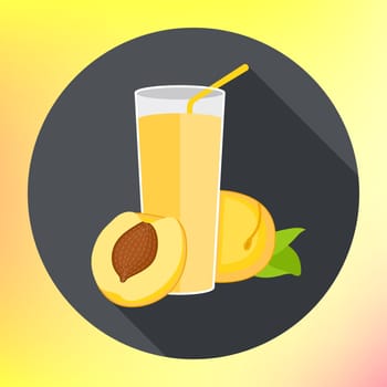 Glass of apricot juice flat vector icon with long shadows. Abstract vector illustration for a logo glass cup with fresh juice. Fresh Glass of peach Juice. Peach juice vector flat.
