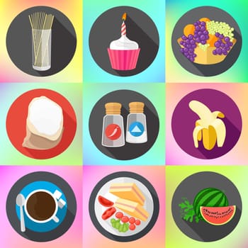 Set of colorful cartoon restaurant food, ingredients and fruits icons. Isolated vector. Set of flat design icons for food and drink.