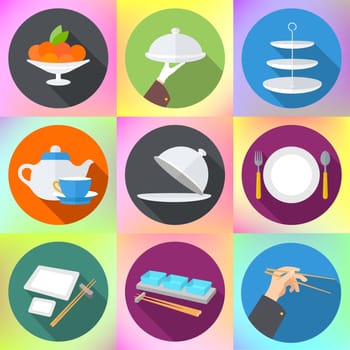 Set flat design icons for restaurant. Kitchen utensils and cookware flat icons set, cooking tools and kitchenware equipment. Cooking kitchen and restaurant flat icons set
