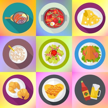 restaurant and homemade food signs set. flat long shadow style colored vector food icons collection. food icons kit.