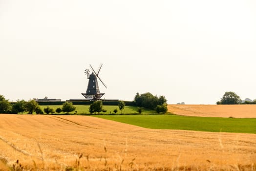 Characteristic windmills in the countryside of Denmark in summer.