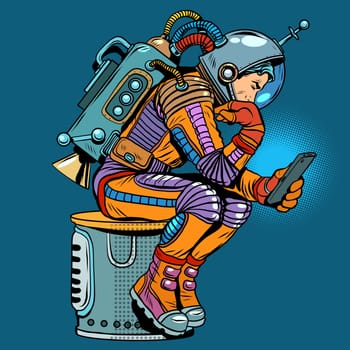 retro astronaut with a smartphone pop art retro style. Thinker. Science fiction. Technologies and gadgets. Mobile phone. Internet and communications