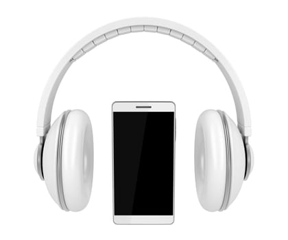 White colored smartphone and headphones, isolated on white background