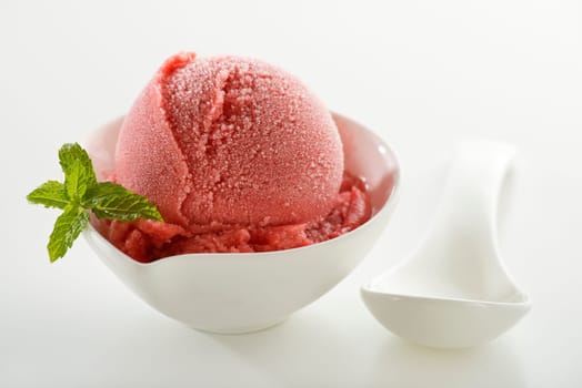 Fresh fruit sorbet ice cream in a white bowl close up.