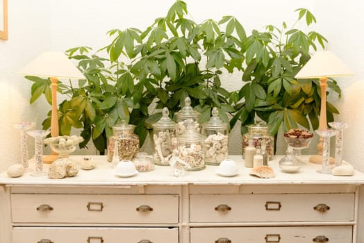 a decoration with white dresser and plants