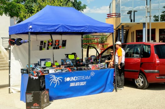 Car tuning exhibition in Saint-Christole-les-Ales in the French department of Gard. stall selling car stereo.