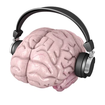 Human brain with headphones on white background