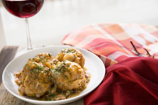 Fresh Bavarian bread dumplings with mushroom gravy sauce.