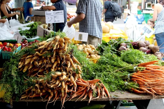 Fresh organic yellow carrots background, photo taken at local farmers market, in New York City.